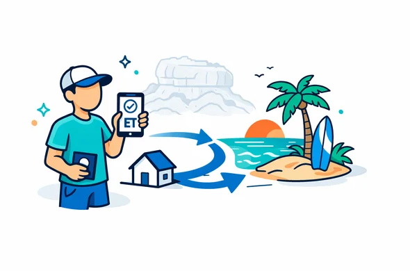 Flat semi-flat vector illustration, clean lines, modern travel-tech vibe, isometric layout. A faceless neutral character in casual beachwear holds a smartphone showing a simplified ETA approval screen and a small passport icon. A clear roadmap arrow leads from a minimal home icon to a tropical Sri Lanka beach with surfboard and palm, representing fast transition from home to beach. Primary palette deep blue and turquoise (Aid-Air brand), with Sri Lanka accent in tropical teal and a subtle warm sunset orange highlight. Background minimalist white/soft grey with a faint silhouette outline of Sigiriya Rock Fortress in light grey. Calm, organized, safe, efficient atmosphere, no photorealism, no detailed faces.