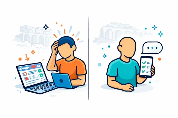Flat vector illustration, clean lines, modern fintech/travel-tech aesthetic, split-screen composition. Left side: a faceless character looking stressed at a laptop with a complex form, multiple tabs, and warning icons. Right side: a relaxed faceless character holding a phone with a simple checklist and a supportive chat bubble, representing srilankavisa handling the submission. Primary deep blue and turquoise palette with Sri Lanka tropical teal accent, subtle warm sunset orange highlights for emphasis. Minimal white/grey background with a faint outline of Nine Arches Bridge or Sigiriya Rock Fortress in light grey. Organized, calm, trustworthy atmosphere, no photorealism, no detailed faces.