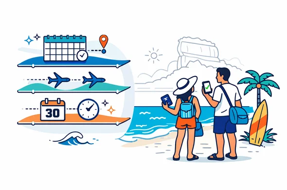Flat or semi-flat vector illustration, clean lines, modern tech travel vibe, not photorealistic. Isometric timeline with three tracks explained via icons only: a 6-month calendar for ETA validity window, two airplane arrows for double entry, and a 30-day counter for permitted stay after arrival. Abstract faceless traveler couple at the edge of a stylized beach, one holding a passport, the other holding a smartphone with a generic approval screen (no readable text). Add small wave and palm icons, and a surfboard leaning nearby. Primary palette deep blue and turquoise, accent colors tropical teal and sunset coral. Minimal white and light grey background with a faint line-art silhouette of Sigiriya Rock Fortress in the distance. Calm, organized, safe atmosphere, subtle shadows, high-resolution vector.