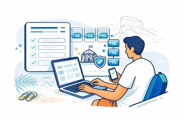 Semi-flat vector illustration with isometric perspective, clean lines, modern tech feel, not photorealistic. Abstract faceless traveler sitting with a laptop and phone, completing an online visa extension form shown as generic UI blocks (no readable text). A checklist and progress steps displayed as icons and numbers: 30, plus 60, plus 90, plus 90. Include a small government building icon and a security shield symbol to communicate official safe processing. Add subtle beach elements in a corner such as a palm leaf and flip-flops to keep the Sri Lanka vibe. Primary palette deep blue and turquoise, accent colors tropical teal and sunset coral. Minimal background with a faint Sigiriya silhouette, calm organized atmosphere, high-resolution vector.