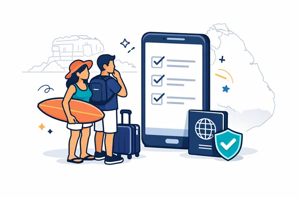 Flat or semi-flat vector illustration, clean modern tech feel, isometric composition. A faceless Israeli traveler couple with a small suitcase and a surfboard uses a smartphone showing a simple travel authorization checklist (no readable text). A passport and a small shield icon symbolize safety. Background is minimalist white/soft gray with a faint silhouette outline of Sigiriya Rock Fortress and a subtle outline map of Sri Lanka. Color palette: deep navy blue and turquoise as primary, with Sri Lanka beach accent colors (sunset coral and warm sand yellow). Calm, organized, efficient atmosphere, clean lines, no photorealism, no distinct facial features.