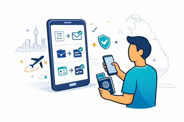 Flat or semi-flat vector illustration, isometric smartphone UI (no readable text) showing a three-step flow: form → email approval → travel ready checkmarks. A faceless neutral character holds a phone and passport; small icons of a plane, shield, and checklist float nearby. Minimalist white/soft gray background with faint silhouette outline of Colombo skyline and subtle Sri Lanka map outline. Color palette: deep navy blue and turquoise primary, Sri Lanka accent coral and sand yellow. Calm, organized, efficient, safe atmosphere, clean lines, not photorealistic.