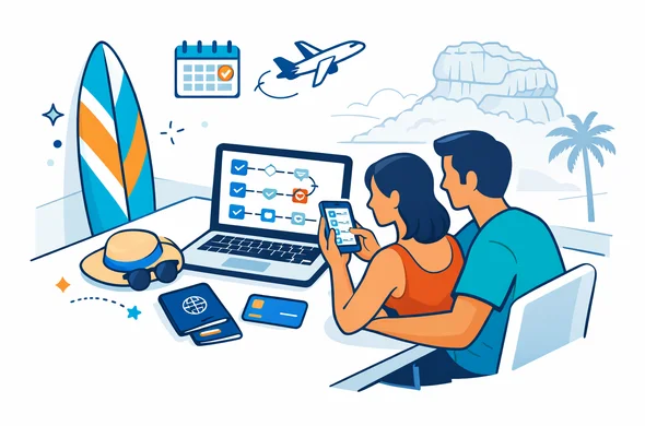Flat or semi-flat vector illustration with clean lines and modern tech feel, isometric composition. Faceless couple at home planning a Sri Lanka beach trip, laptop and smartphone show a simple ETA application roadmap and checklist UI, passport and payment card on the table, calendar and plane icons, surfboard nearby. Deep blue and turquoise Aid-Air palette with teal and sandy-gold accents. Minimalist white and light grey background with a faint outline of Sigiriya Rock Fortress and a subtle palm tree silhouette. Calm, organized, efficient and safe. No text, not photorealistic.