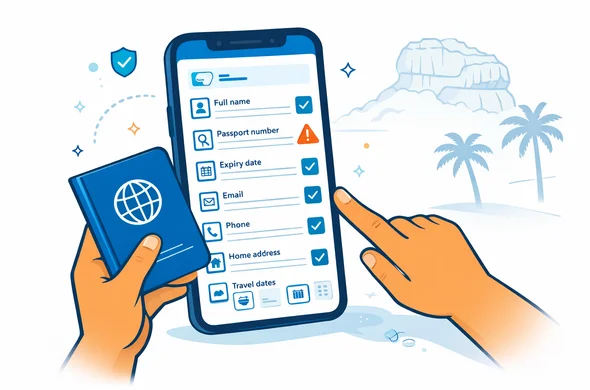 Flat vector illustration with slight isometric perspective. Smartphone UI displays a Sri Lanka ETA form with fields for full name, passport number, expiry date, email, phone and home address, plus travel dates, with checkmarks and small error-prevention icons. Faceless traveler holding a passport and pointing to the phone. Deep blue and turquoise Aid-Air palette with teal tropical accents, clean lines, modern minimal UI icons. Minimalist white and light grey background with a faint Sigiriya silhouette. Calm, organized, safe. No text, not photorealistic.