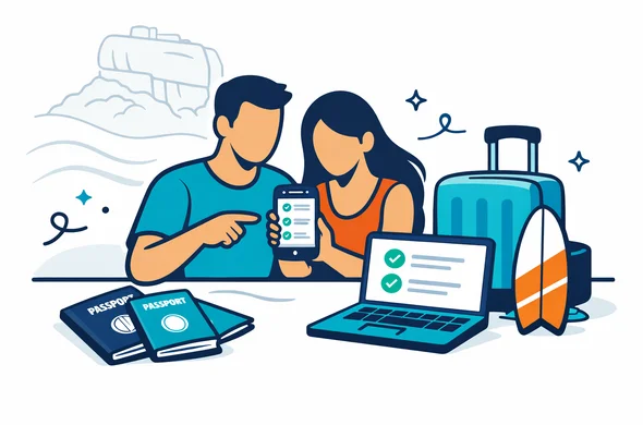 Flat or semi-flat vector illustration, clean lines, modern tech feel, calm and efficient. Abstract faceless couple with neutral skin tones preparing for a Sri Lanka trip, passports on the table, a smartphone showing a simplified ETA application screen, a laptop with small checkmarks, and a small surfboard leaning on a suitcase. Primary palette deep blue and turquoise with teal and aqua accent for tropical beach vibes. Minimal white and light grey background with a faint outline silhouette of Sigiriya Rock Fortress and subtle wave shapes. Isometric or 2D perspective, not photorealistic, no text, no real logos, high clarity.