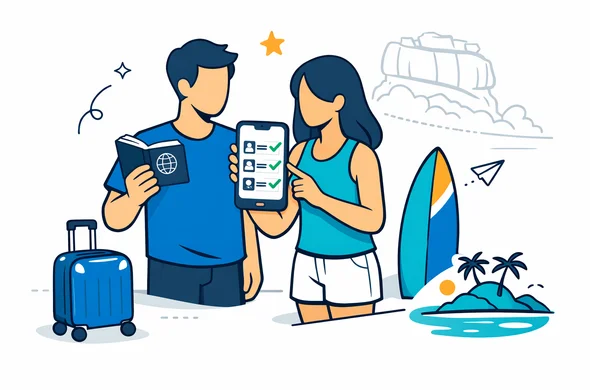 Flat or semi-flat vector illustration with clean lines and a modern tech feel, isometric layout. Abstract faceless couple travelers at home preparing for a beach trip, holding a passport and a smartphone. On the phone screen: a simple digital checklist with checkmarks and generic icons (no readable text). Include a small suitcase and a surfboard icon to suggest honeymoon and surfing. Calm, organized, safe atmosphere. Primary palette deep blue and turquoise (Aid-Air brand) with a teal island/beach accent. Minimal white/grey background with a faint outline silhouette of Sigiriya Rock (Lion Rock) in Sri Lanka. No photorealism, no gradients-heavy style, no watermark, no logos, no text.