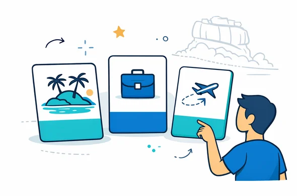 Flat semi-flat vector infographic, clean lines, 2D or isometric cards. Three distinct cards representing Tourist ETA, Business ETA, Transit ETA using simple universal icons (palm tree, briefcase, airplane arrow) without any readable text. Abstract faceless character pointing at the cards. Primary deep blue and turquoise with teal accent highlights. Minimal white/grey background with faint Sigiriya Rock silhouette. Modern tech aesthetic, calm and trustworthy. No photorealism, no watermark, no logos, no text.