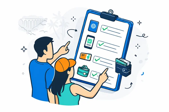 Flat vector illustration, modern clean lines, calm efficient feel. An isometric checklist board with icons: passport, ETA approval on smartphone, return ticket, and wallet/funds. Faceless abstract characters pointing at the checklist. Primary deep blue and turquoise, teal accent. Minimal white and light grey background with a faint outline silhouette of the Nine Arches Bridge and subtle palm leaves. Tech organized vibe, no photorealism, no detailed faces.