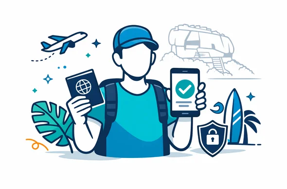 Flat or semi-flat vector illustration with clean lines and a modern tech feel, Aid-Air brand palette deep blue and turquoise with teal tropical accents. A faceless neutral traveler holding a passport and a smartphone displaying a generic digital approval screen with a checkmark, small icons around them: airplane, palm leaf, surfboard, and a secure shield. Minimal white and light grey background with a faint outline silhouette of Sigiriya Rock Fortress in Sri Lanka; calm, organized, safe atmosphere; not photorealistic; no facial features; no readable text.