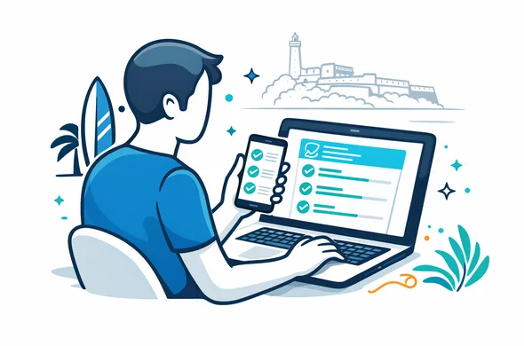 Flat or semi-flat vector illustration, clean lines, modern tech. Aid-Air deep blue and turquoise with teal beach accent. Faceless character seated with laptop and phone showing an online ETA form with checkmarks and progress steps. Minimal white and grey background with a faint outline of Galle Fort in Sri Lanka as a silhouette. Calm, organized, safe, non-photorealistic, no facial details, no readable text.