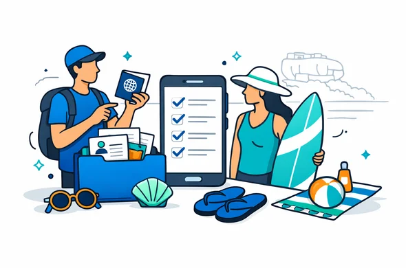 Flat or semi-flat vector illustration with clean lines and a modern tech feel, slight isometric. Abstract faceless traveler couple preparing for Sri Lanka ETA: passport, smartphone with a checklist interface, a neat folder with document icons, and a subtle surfboard and beach items nearby. Primary colors deep blue and turquoise (Aid-Air brand) with teal and seafoam beach accents inspired by Sri Lanka. Minimal white and light grey background with a faint outline silhouette of Sigiriya Rock Fortress in the distance. Soft shadows, calm organized and secure atmosphere, no text, no photorealistic elements, no distinct facial features.