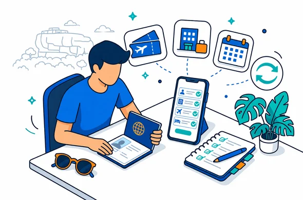 Flat vector illustration, clean lines, modern tech feel, isometric desk scene. A faceless traveler organizing Sri Lanka ETA details: an open passport, a smartphone showing form fields and green checkmarks, floating icons for flight tickets, hotel booking, calendar dates, and a round-trip arrow. Primary deep blue and turquoise (Aid-Air brand) with teal tropical island accents. Minimal white-grey background with a faint outline silhouette of Sigiriya Rock Fortress. Calm, organized, safe and efficient mood, no text, no photorealism, no distinct facial features.