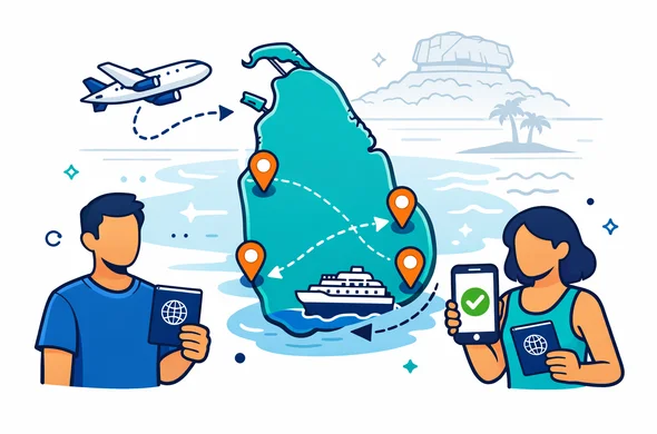 Flat or semi-flat vector illustration with clean lines, modern travel-tech feel, slightly isometric 2D. Color palette: deep blue and turquoise primary (Aid-Air brand), teal accent for tropical island/beach. Scene: a minimalist map of Sri Lanka with gentle route arrows coming from an airplane icon and a cruise ship icon. Mark the main entry points with simple pins and labels: CMB near Colombo, HRI near Hambantota, Colombo Port, Galle Port. Include two faceless abstract characters with neutral skin tones holding passports and a smartphone displaying an ETA Approved screen with a checkmark. Atmosphere calm, organized, safe, efficient. Background: white and light grey with a faint outline silhouette of Sigiriya Rock Fortress and a subtle wave pattern. No photorealism, no real logos, no detailed faces, no clutter.