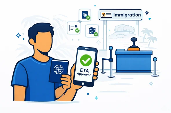 Flat vector illustration, clean lines, modern tech UI style. Color palette deep blue and turquoise with teal accent. Foreground: a faceless abstract traveler holding a passport and a smartphone that clearly shows an ETA Approved confirmation card. To the side, a simplified immigration counter with a stamp icon, a small queue marker, and a signage icon reading Immigration. Add tiny checklist icons for passport, ticket, and hotel floating neatly as UI elements. Calm, trustworthy, efficient mood. Minimalist white and grey background with a faint silhouette of Sigiriya Rock Fortress and a subtle palm-leaf pattern. No photorealistic textures, no identifiable faces, no brand logos.