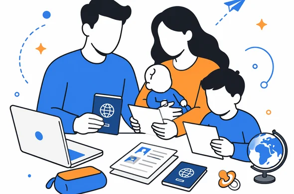 Flat semi-flat vector illustration, family with parents, baby and child organizing travel documents for ETA application, calm modern tech feel, faceless abstract characters, minimal background, Aid-Air palette