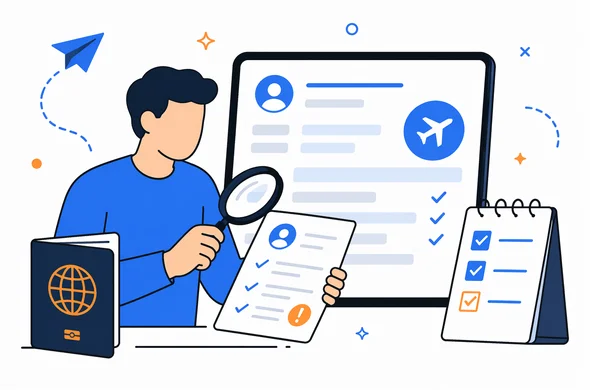 Flat semi-flat vector illustration of a traveler reviewing an ETA application beside a passport and checklist, calm organized atmosphere, faceless abstract characters, minimal background, clean modern tech feel, Aid-Air palette