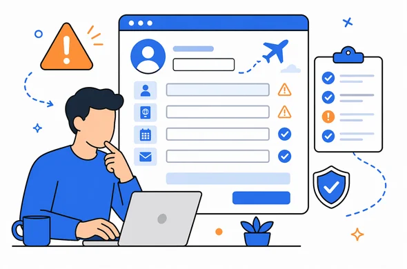 Flat semi-flat vector illustration of an online travel authorization form with warning icons and a checklist, faceless abstract characters, calm organized workspace, minimal background, clean modern tech style, Aid-Air palette