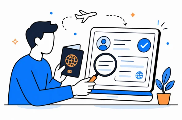 Flat vector illustration of a traveler comparing passport details with a digital ETA approval on screen, clean modern tech feel, faceless abstract characters, calm organized atmosphere, minimal background, Aid-Air palette.