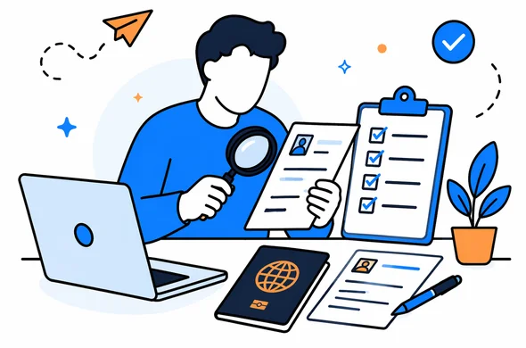 Minimal flat vector scene of organized document checking: passport, application form, checklist and laptop, faceless abstract characters, modern clean tech style, calm atmosphere, Aid-Air palette.