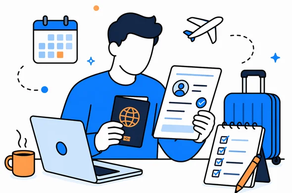 Flat semi-flat vector illustration of pre-trip document review with passport, ETA approval, travel checklist and calm faceless abstract traveler, minimal background, organized modern tech feel, Aid-Air palette.
