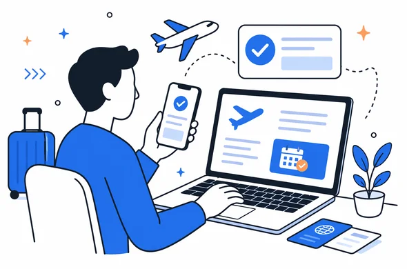 Flat semi-flat vector illustration, traveler reviewing updated flight details and ETA approval on laptop and phone, clean modern tech feel, faceless abstract characters, calm organized atmosphere, minimal background, Aid-Air palette.