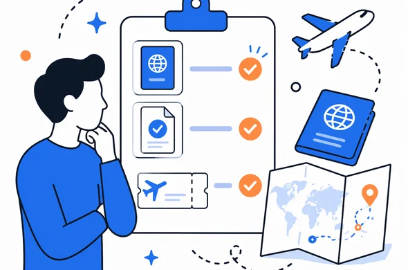 Flat semi-flat vector checklist scene, abstract traveler comparing passport, ETA approval, and updated itinerary, clean modern tech style, faceless abstract characters, calm organized atmosphere, minimal background, Aid-Air palette.