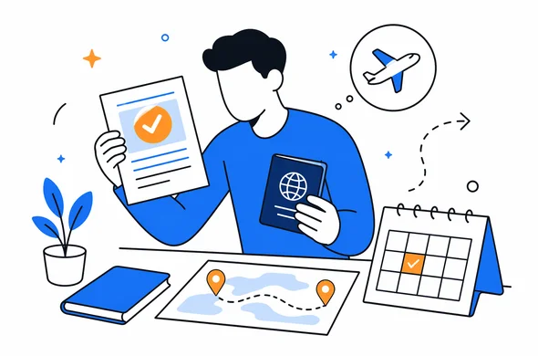 Flat vector illustration of a traveler reviewing an old Sri Lanka ETA approval alongside passport and updated travel plan, clean modern tech feel, faceless abstract characters, calm organized atmosphere, minimal background, Aid-Air palette
