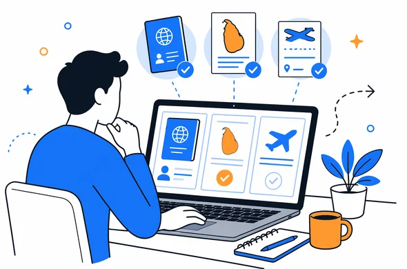 Flat vector illustration of a traveler comparing passport, Sri Lanka ETA approval, and new flight details on a laptop, clean modern tech aesthetic, faceless abstract characters, calm organized atmosphere, minimal background, Aid-Air palette