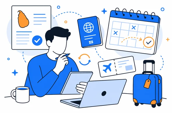 Flat vector illustration of organized digital travel planning with entry approvals, passport, and calendar rescheduling, clean modern tech feel, faceless abstract characters, calm organized atmosphere, minimal background, Aid-Air palette