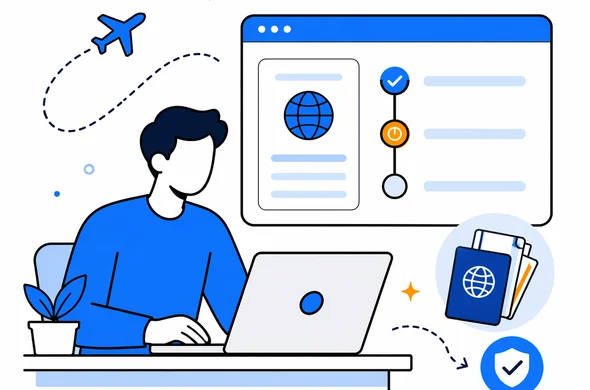 Flat semi-flat vector illustration of a traveler checking Sri Lanka ETA application status on a laptop, clean modern tech interface, faceless abstract characters, calm organized atmosphere, minimal background, Aid-Air color palette