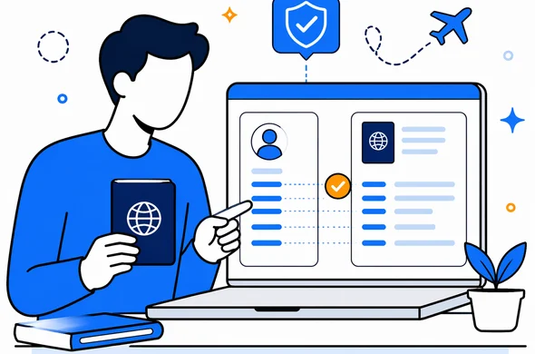 Flat semi-flat vector illustration of a traveler comparing passport details with an online ETA application record, modern clean interface, faceless abstract characters, calm organized atmosphere, minimal background, Aid-Air palette
