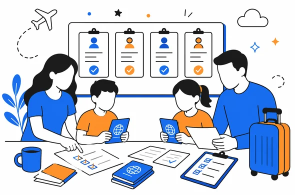 Flat modern vector illustration of a family travel application planning board, abstract faceless characters organizing multiple ETA applications, passports and checklists, calm tech aesthetic, minimal background, Aid-Air palette.