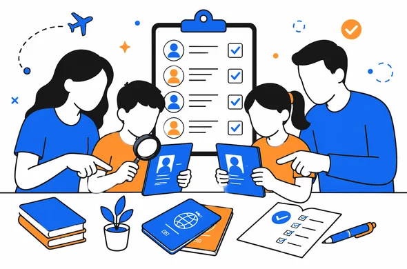 Flat semi-flat vector illustration of abstract faceless characters comparing passport details and names on a checklist, family travel document verification, clean modern tech style, minimal organized background, Aid-Air palette.