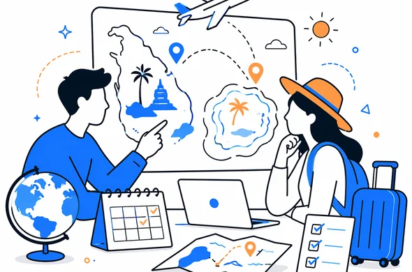 Flat semi-flat vector illustration of a combined Sri Lanka and Maldives trip planning scene, abstract faceless travelers, itinerary map lines, flight connections, calm organized travel desk, clean modern tech feel, minimal background, Aid-Air palette.