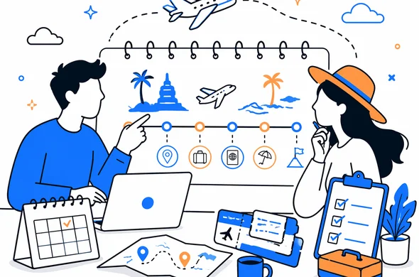 Flat semi-flat vector illustration of organized travel timeline planning for Sri Lanka and Maldives, abstract faceless figures, calendar, flight tickets, checklist, calm organized atmosphere, minimal background, Aid-Air palette.