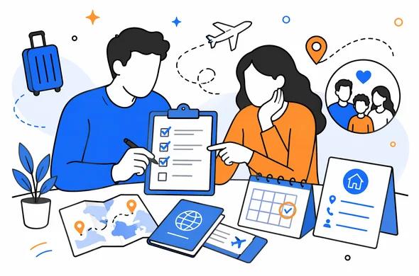 Flat semi-flat vector illustration, organized travel checklist with address details, itinerary and family visit context, faceless abstract characters, minimal background, calm modern tech aesthetic, Aid-Air palette.