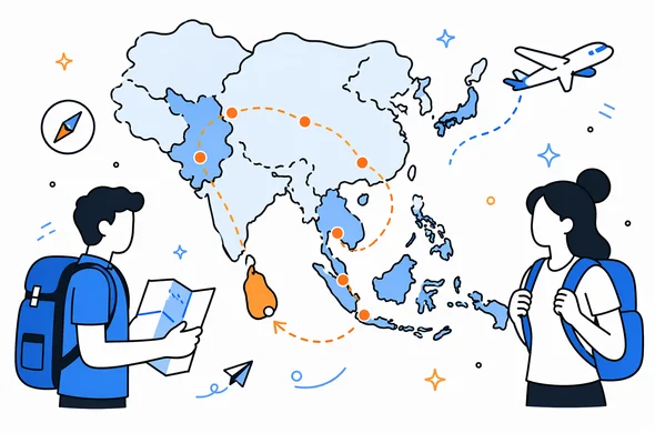 Flat semi-flat vector illustration of a multi-country Asia backpacking route map with Sri Lanka highlighted as one stop, clean modern tech feel, faceless abstract characters, calm organized atmosphere, minimal background, Aid-Air palette.