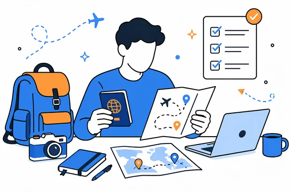 Flat semi-flat vector illustration of a traveler reviewing itinerary, passport, and checklist before submitting ETA, clean modern tech feel, faceless abstract characters, calm organized atmosphere, minimal background, Aid-Air palette.