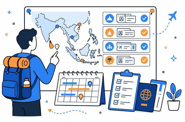 Flat semi-flat vector illustration of an organized trip planning board with multiple countries, entry approvals, calendar and checklist, clean modern tech feel, faceless abstract characters, calm organized atmosphere, minimal background, Aid-Air palette.