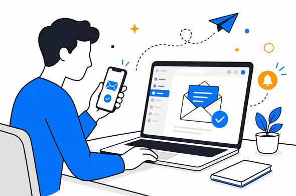 Flat semi-flat vector illustration of checking travel authorization email on laptop and phone, calm organized interface, faceless abstract characters, modern tech feel, minimal background, Aid-Air palette