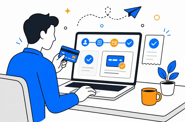 Flat semi-flat vector illustration of a traveler reviewing payment confirmation and submission steps on a clean dashboard, faceless abstract characters, calm organized atmosphere, minimal background, Aid-Air palette