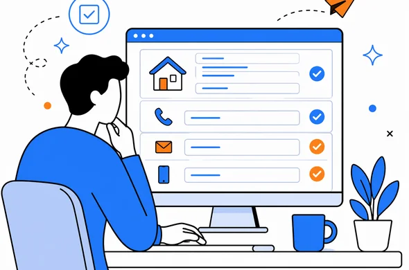 Flat semi-flat vector illustration of a person reviewing address fields on an online application before submission, clean modern tech feel, faceless abstract characters, calm organized atmosphere, minimal background, Aid-Air palette.