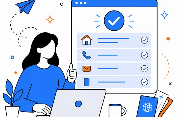 Flat semi-flat vector illustration of a calm organized completion of an online travel application with address and contact details confirmed, clean modern tech feel, faceless abstract characters, minimal background, Aid-Air palette.