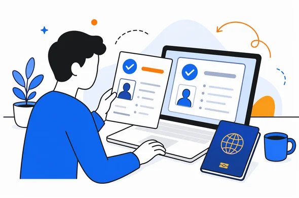 Flat semi-flat vector illustration of a traveler reviewing a Sri Lanka ETA approval next to a passport, calm organized workspace, clean modern tech feel, faceless abstract characters, minimal background, Aid-Air palette.