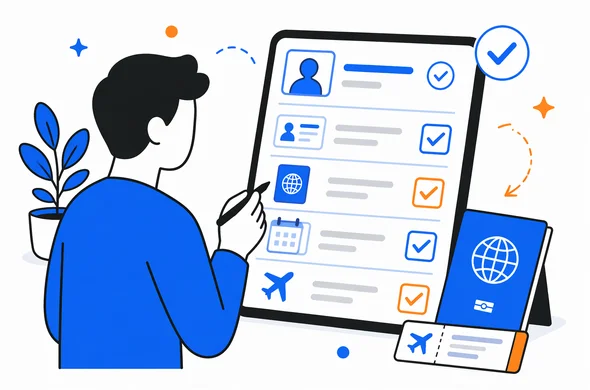 Flat vector checklist interface for reviewing travel approval details, passport fields and status verification, calm organized atmosphere, clean modern tech feel, faceless abstract characters, minimal background, Aid-Air palette.