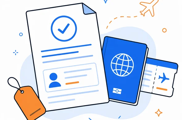 Flat semi-flat vector illustration, printed travel approval document placed next to passport and boarding pass, clean modern tech feel, faceless abstract characters, calm organized travel setup, minimal background, Aid-Air palette.