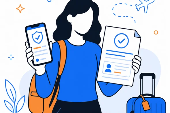 Flat semi-flat vector illustration, organized traveler holding smartphone and printed travel approval together, clean modern tech feel, faceless abstract characters, calm organized atmosphere, minimal background, Aid-Air palette.