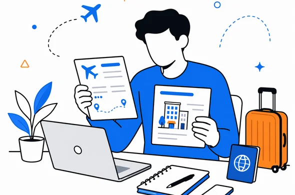 Flat semi-flat vector illustration of a traveler reviewing flight itinerary and hotel booking before a Sri Lanka ETA application, faceless abstract character, organized desk, calm modern tech feel, minimal background, Aid-Air palette