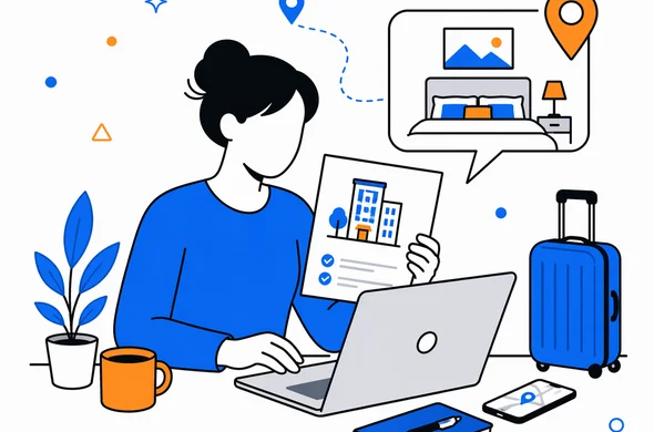 Flat semi-flat vector illustration of a traveler checking hotel reservation and accommodation address for Sri Lanka travel details, faceless abstract characters, calm organized atmosphere, minimal background, Aid-Air palette