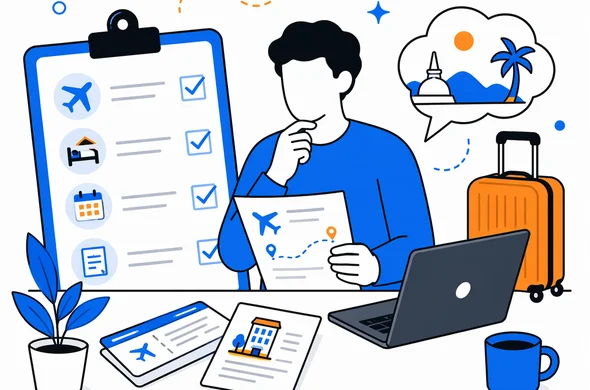 Flat semi-flat vector illustration of an organized travel checklist with itinerary, booking confirmation, and calm faceless traveler preparing for Sri Lanka ETA, modern tech feel, minimal background, Aid-Air palette